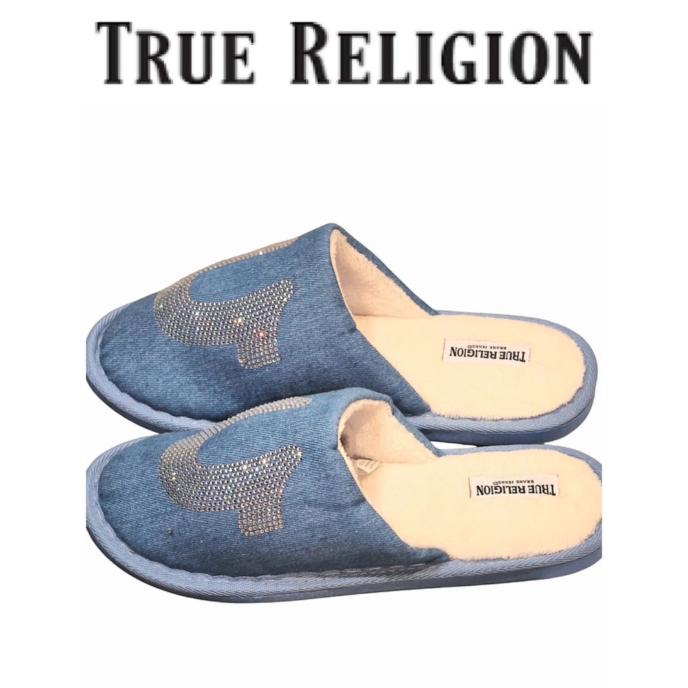 True Religion Rhinestone Horseshoe Logo Slip-On Denim Slippers